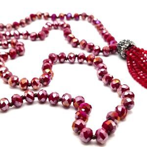 Faceted Glass Tassel Necklace 40" AB Red Beads Hand-Knotted Boho Glam